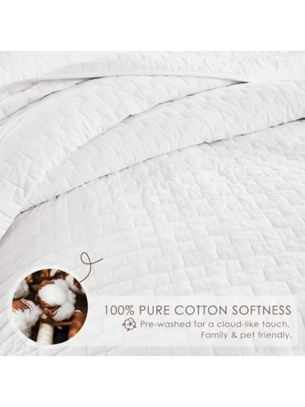 King Size White Cotton Quilt Set with 2 Pillow Shams - Soft Lightweight Coverlet